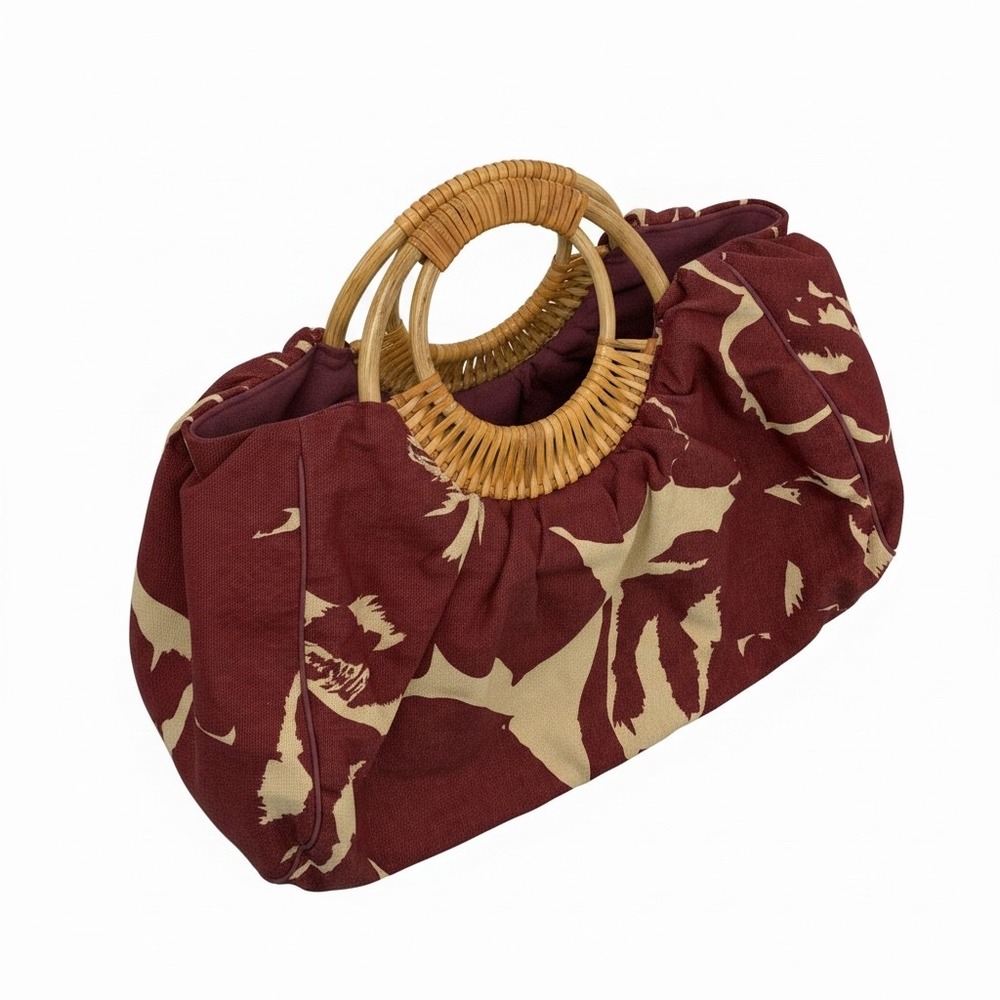 Old Navy Handbag Women OS Burgundy Floral Vintage Wicker Handle Cotton Tote Bag